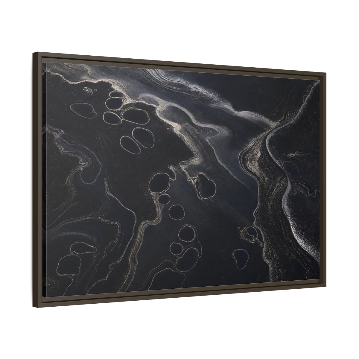 Main Mockup. Abstract Swirling Patterns Dark Grey Abstract shown as framed canvas print