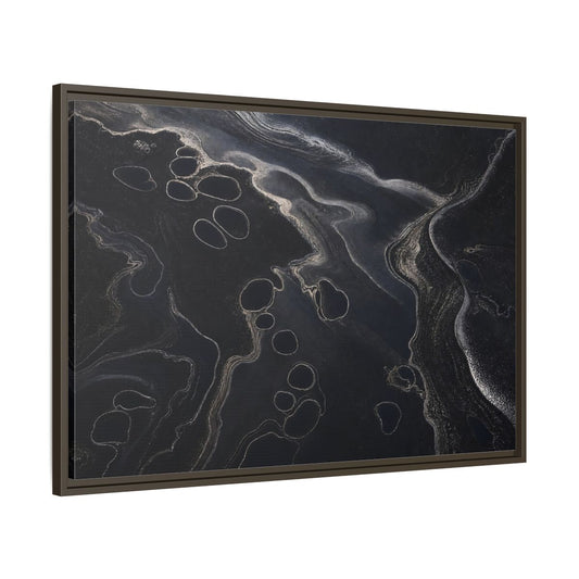Main Mockup. Abstract Swirling Patterns Dark Grey Abstract shown as framed canvas print