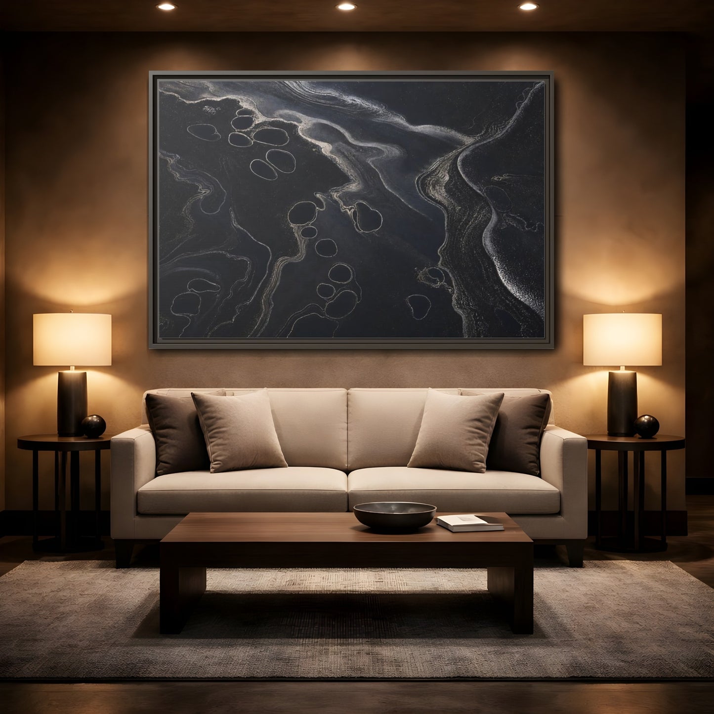 Mockup 2. Abstract Swirling Patterns Dark Grey Abstract shown as framed canvas print