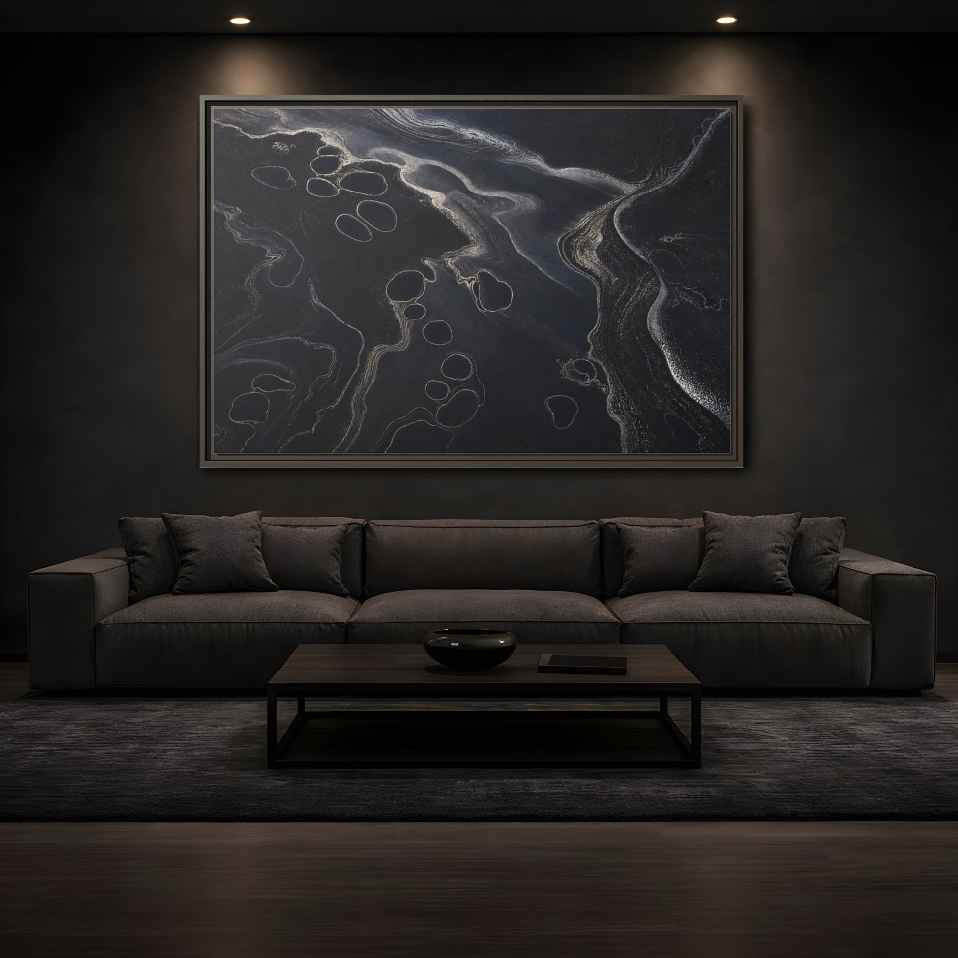Mockup 3. Abstract Swirling Patterns Dark Grey Abstract shown as framed canvas print