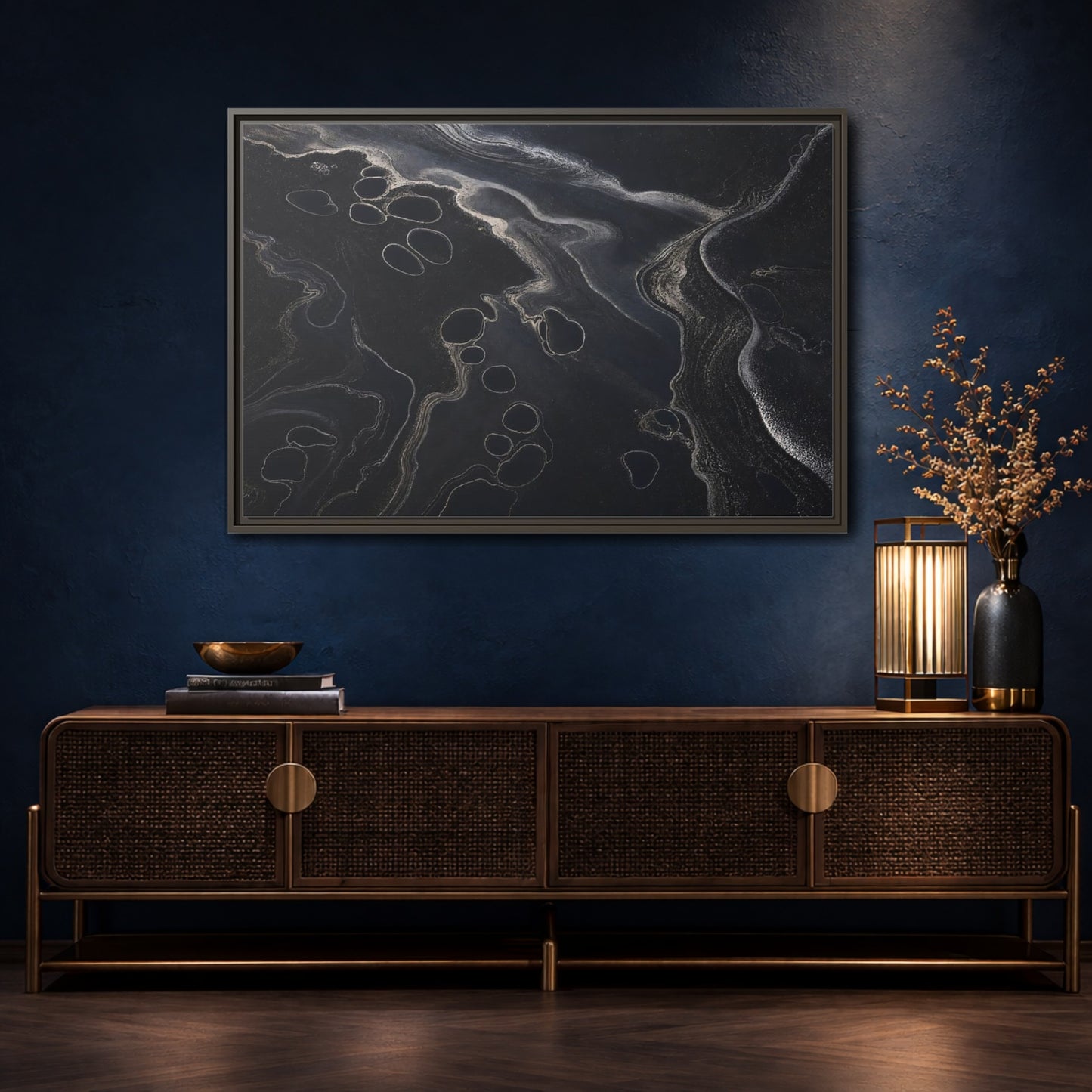 Mockup 4. Abstract Swirling Patterns Dark Grey Abstract shown as framed canvas print