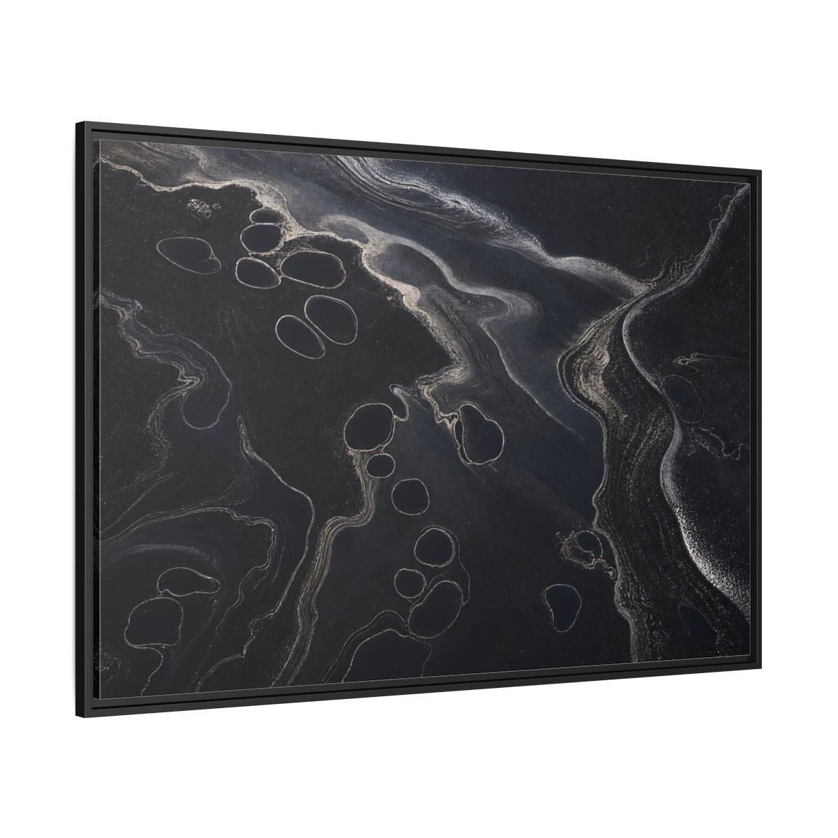Side Mockup 12. Abstract Swirling Patterns Dark Grey Abstract shown as framed canvas print