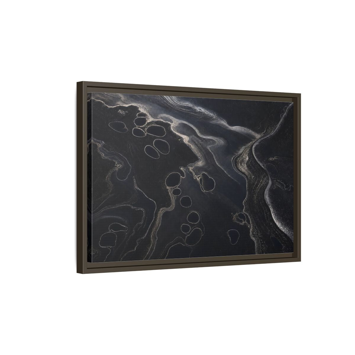 Side Mockup 2. Abstract Swirling Patterns Dark Grey Abstract shown as framed canvas print