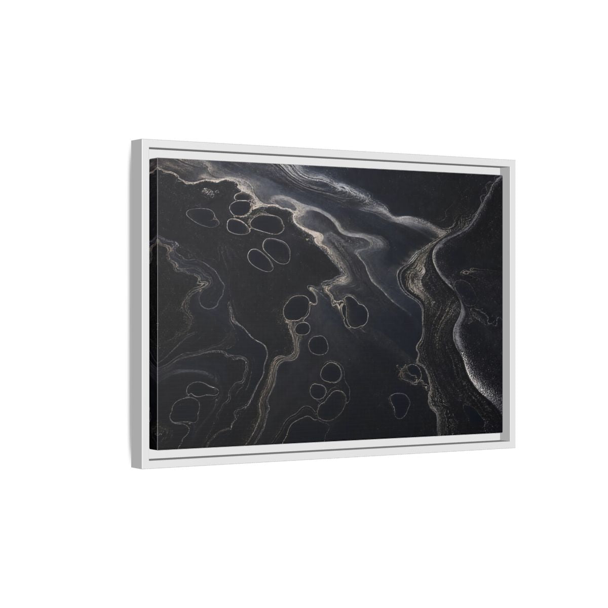 Side Mockup 1. Abstract Swirling Patterns Dark Grey Abstract shown as framed canvas print
