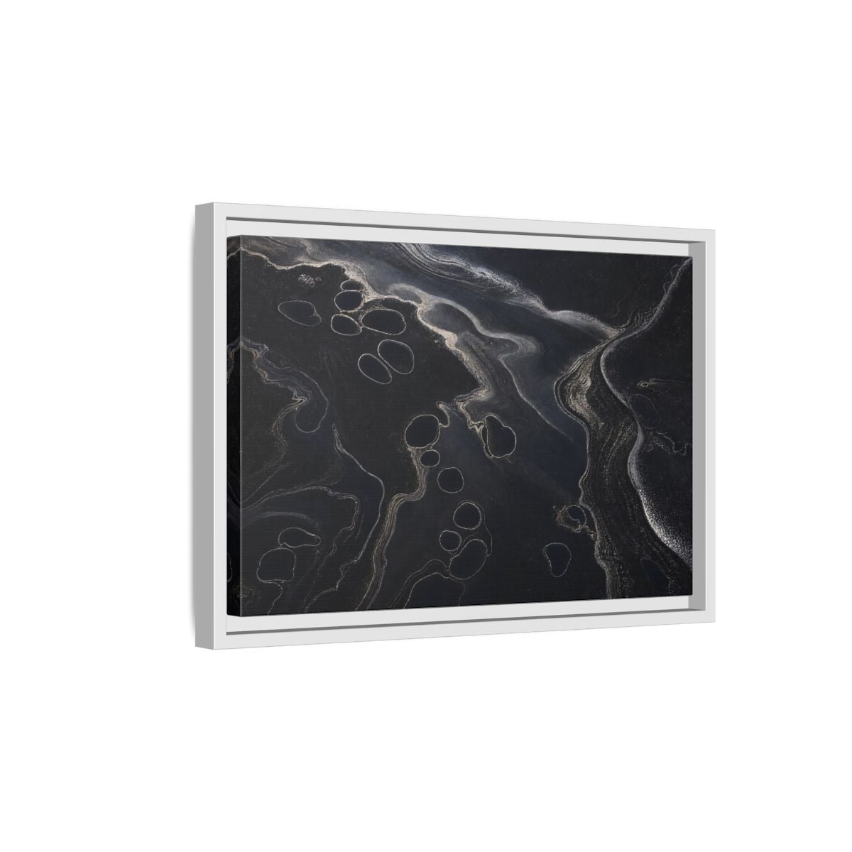 Side Mockup 4. Abstract Swirling Patterns Dark Grey Abstract shown as framed canvas print