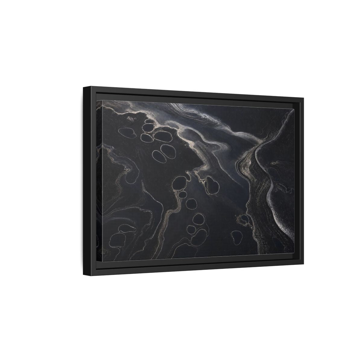 Side Mockup 6. Abstract Swirling Patterns Dark Grey Abstract shown as framed canvas print
