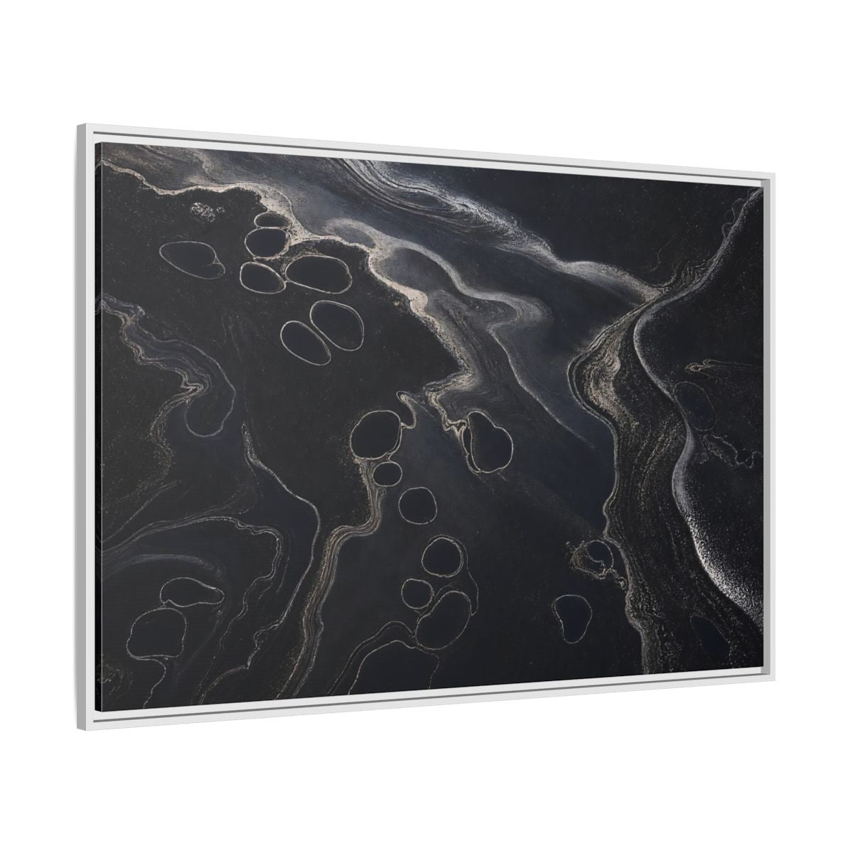 Side Mockup 7. Abstract Swirling Patterns Dark Grey Abstract shown as framed canvas print