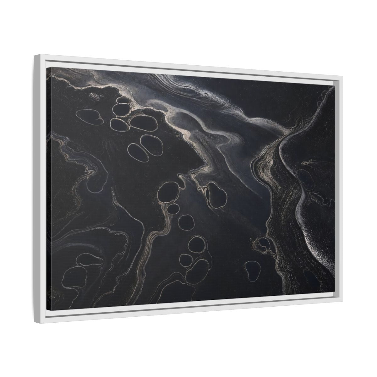Side Mockup 10. Abstract Swirling Patterns Dark Grey Abstract shown as framed canvas print