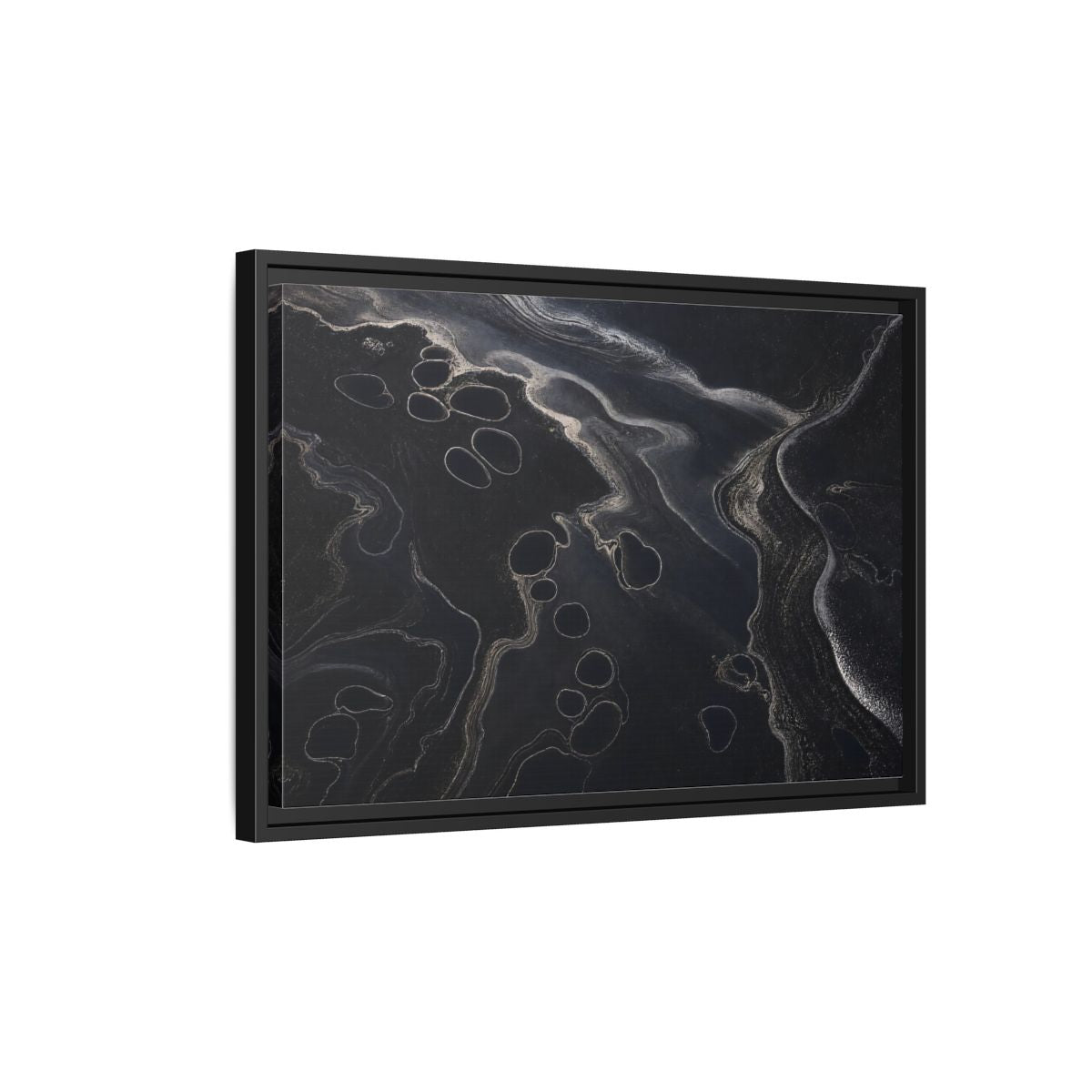 Side Mockup 3. Abstract Swirling Patterns Dark Grey Abstract shown as framed canvas print