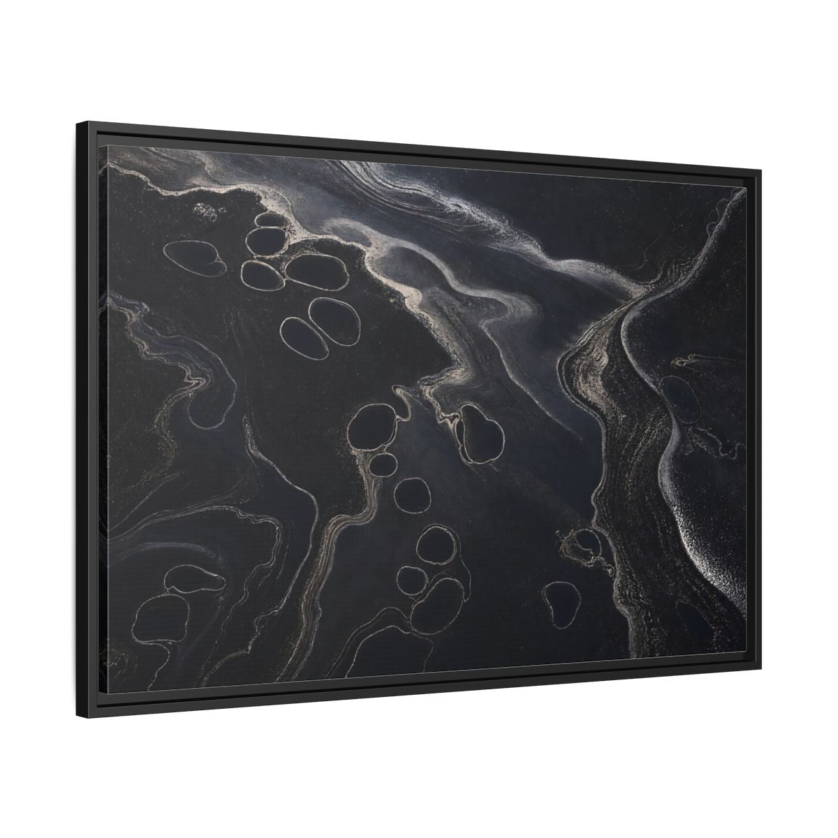 Side Mockup 13. Abstract Swirling Patterns Dark Grey Abstract shown as framed canvas print