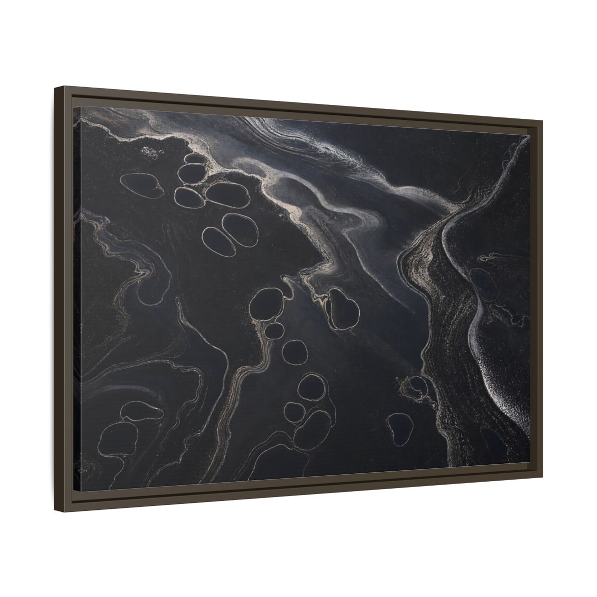Side Mockup 11. Abstract Swirling Patterns Dark Grey Abstract shown as framed canvas print