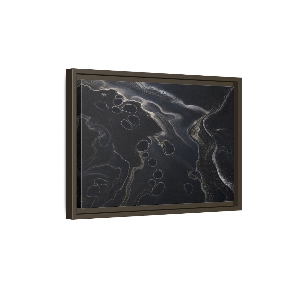Side Mockup 5. Abstract Swirling Patterns Dark Grey Abstract shown as framed canvas print