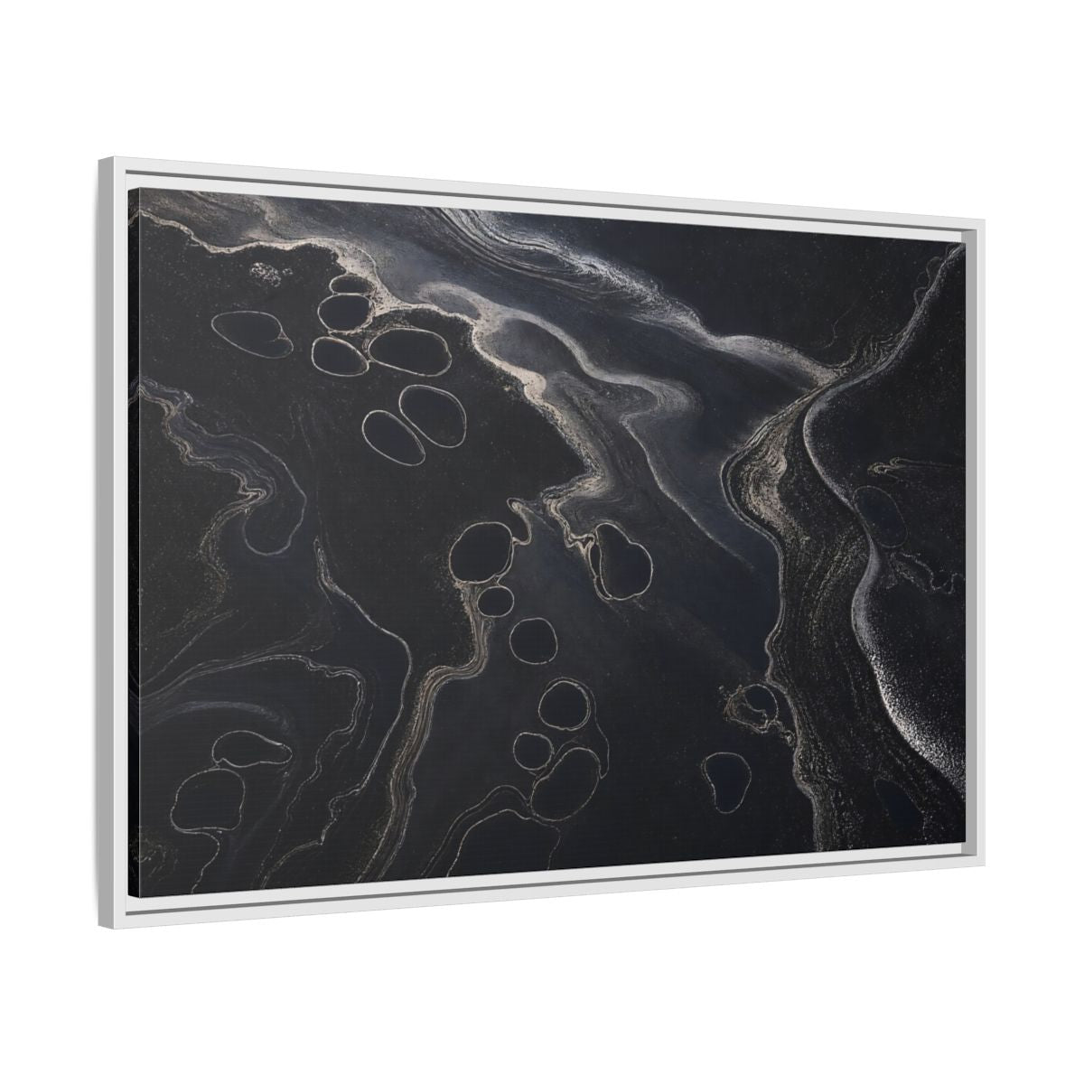 Side Mockup 9. Abstract Swirling Patterns Dark Grey Abstract shown as framed canvas print