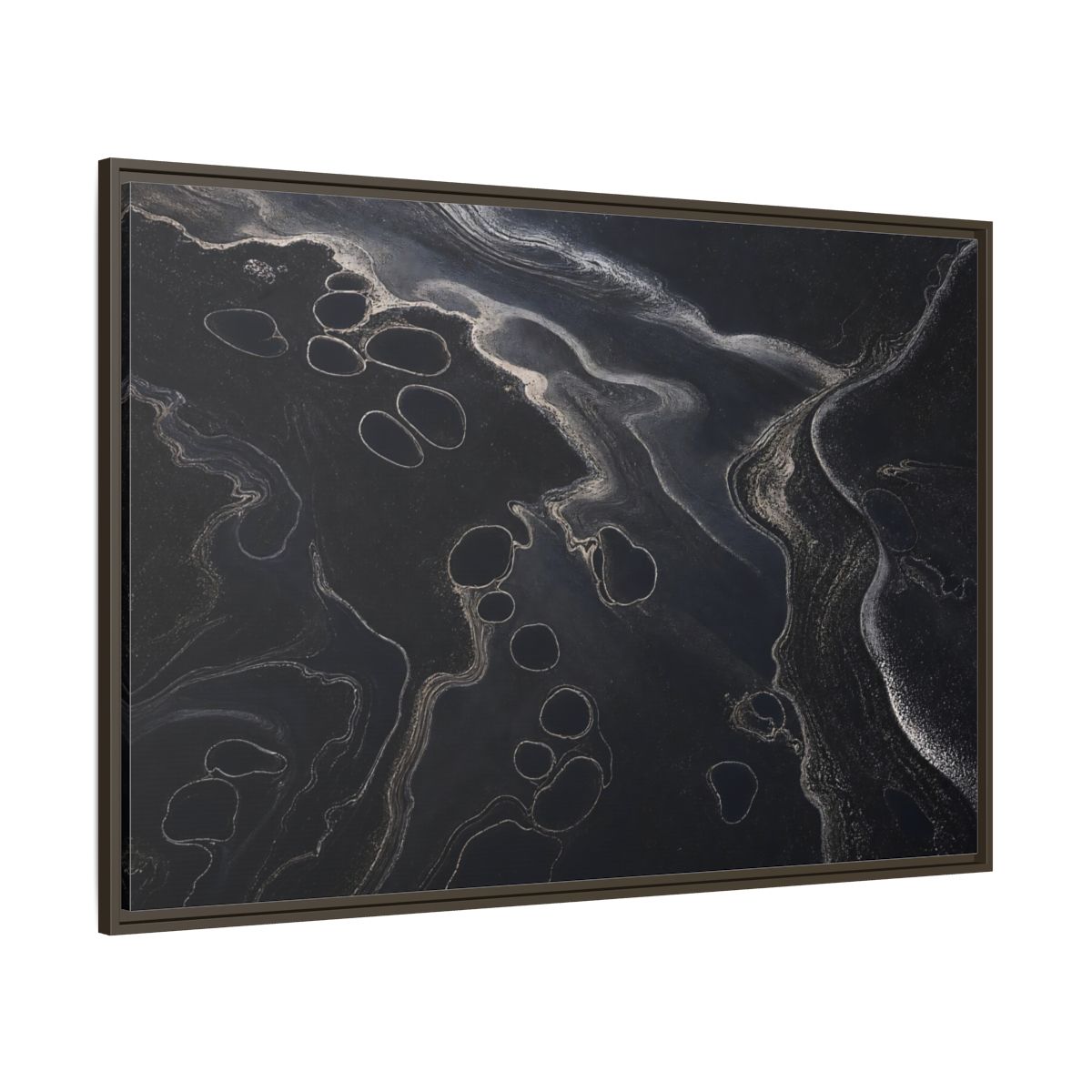 Side Mockup 8. Abstract Swirling Patterns Dark Grey Abstract shown as framed canvas print