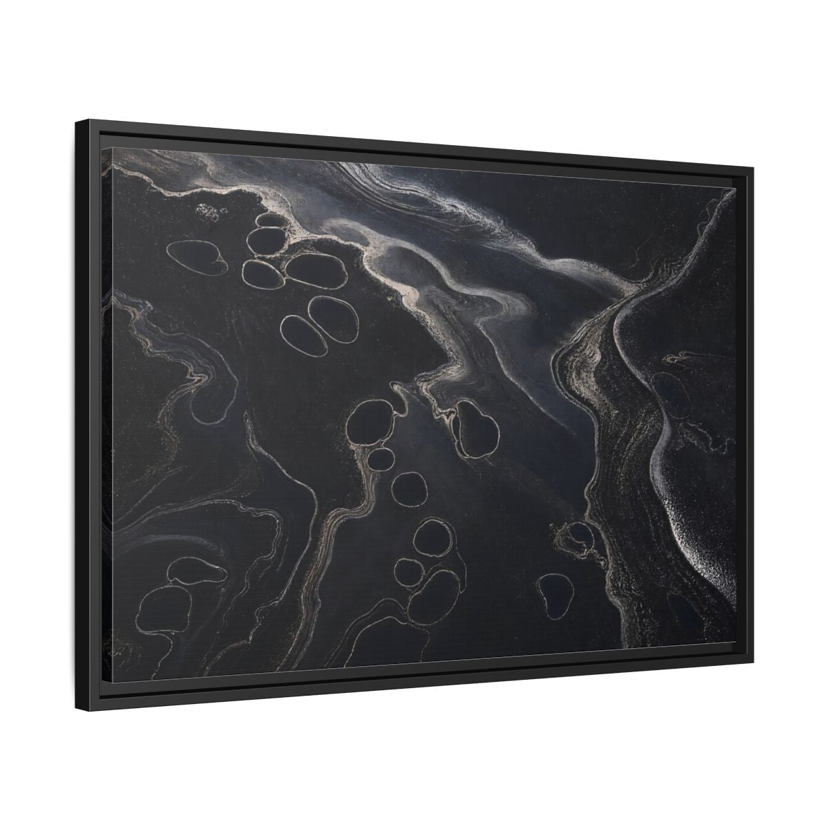 Side Mockup 14. Abstract Swirling Patterns Dark Grey Abstract shown as framed canvas print