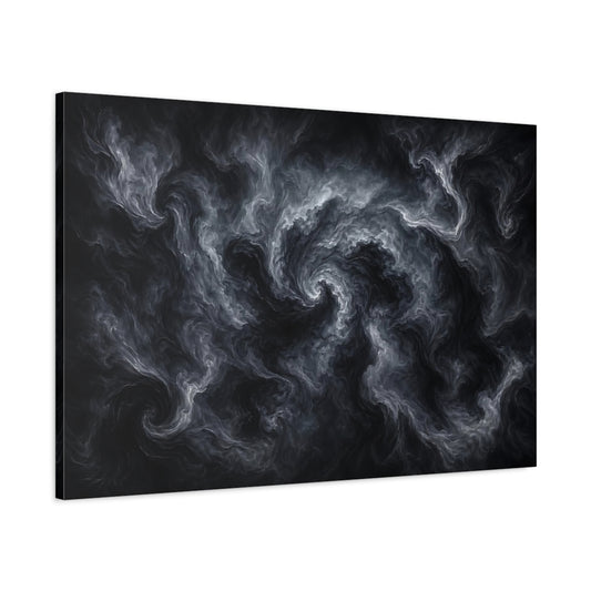 Main Mockup. Abstract Swirling Smoke Dark Grey Abstract shown as stretched canvas wall art