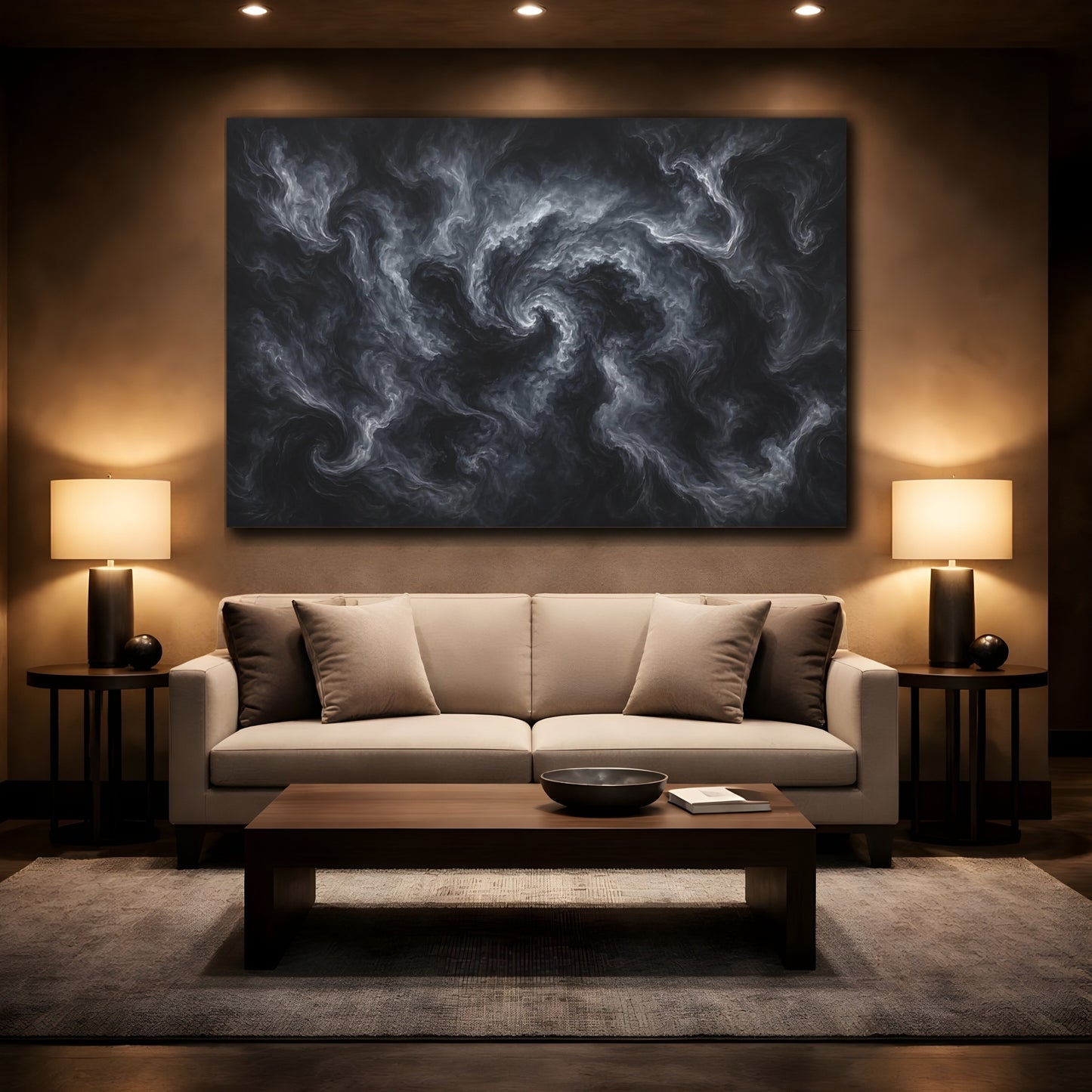 Mockup 2. Abstract Swirling Smoke Dark Grey Abstract shown as stretched canvas wall art