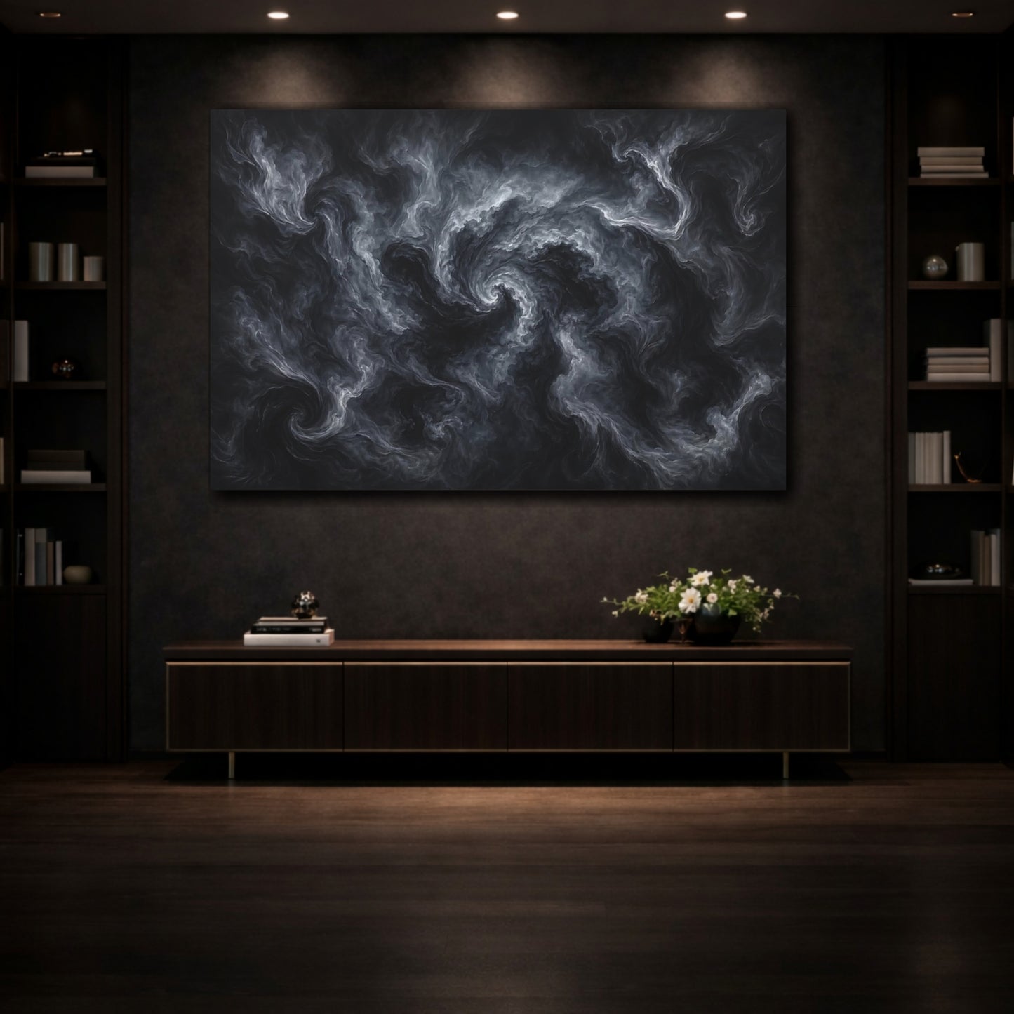 Mockup 3. Abstract Swirling Smoke Dark Grey Abstract shown as stretched canvas wall art