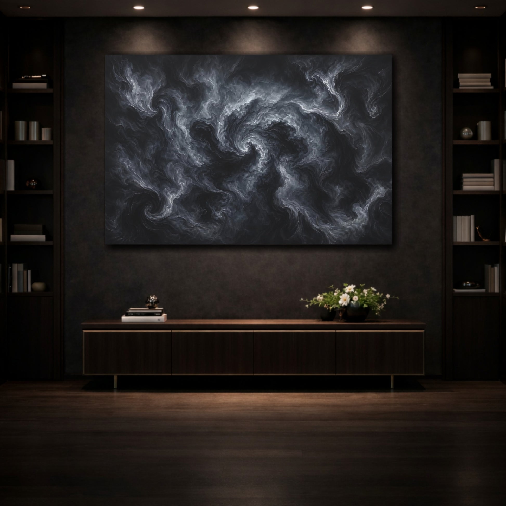 Mockup 3. Abstract Swirling Smoke Dark Grey Abstract shown as stretched canvas wall art
