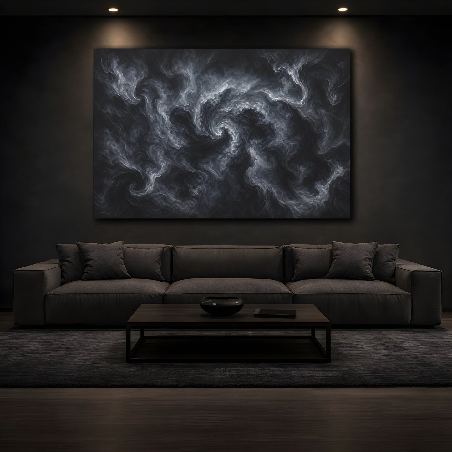 Mockup 4. Abstract Swirling Smoke Dark Grey Abstract shown as stretched canvas wall art