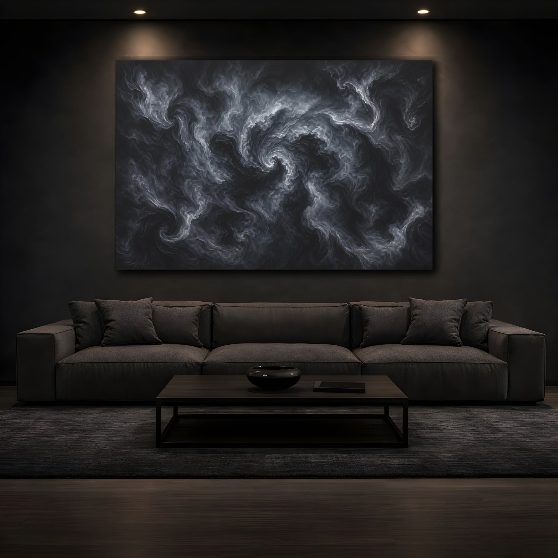 Mockup 4. Abstract Swirling Smoke Dark Grey Abstract shown as stretched canvas wall art