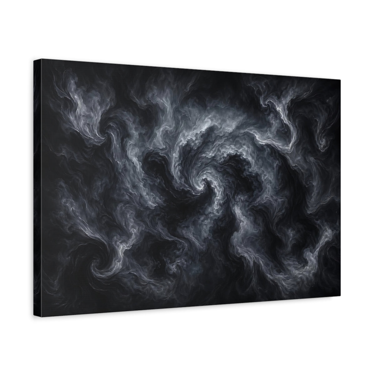 Side Mockup 3. Abstract Swirling Smoke Dark Grey Abstract shown as stretched canvas wall art