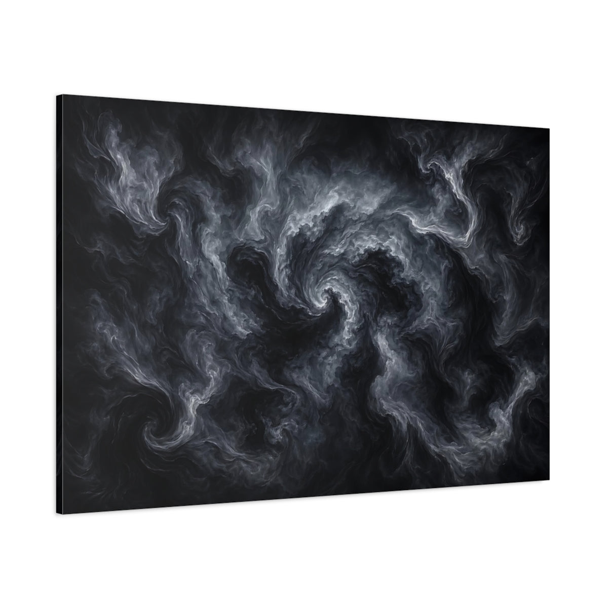 Side Mockup 1. Abstract Swirling Smoke Dark Grey Abstract shown as stretched canvas wall art