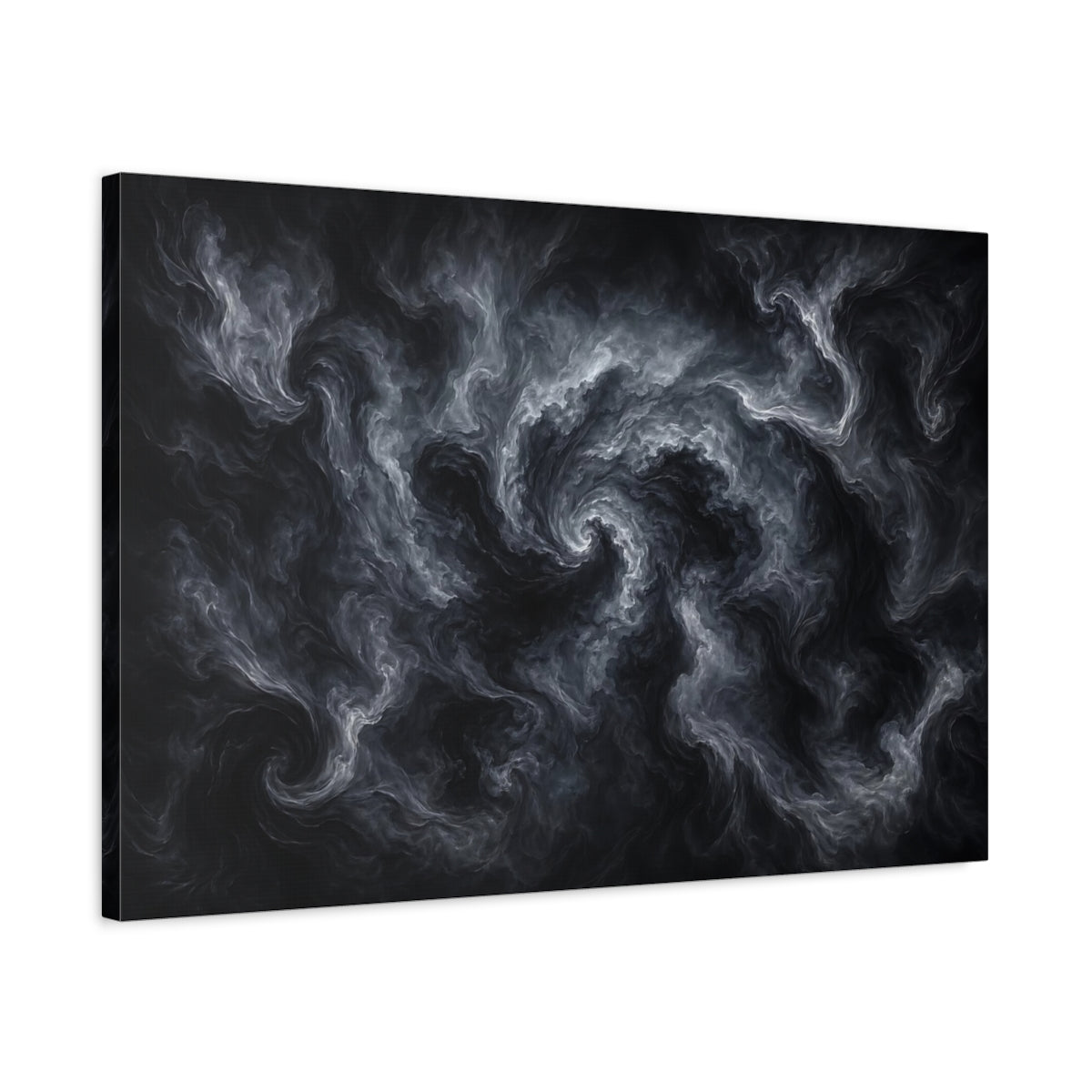 Side Mockup 2. Abstract Swirling Smoke Dark Grey Abstract shown as stretched canvas wall art