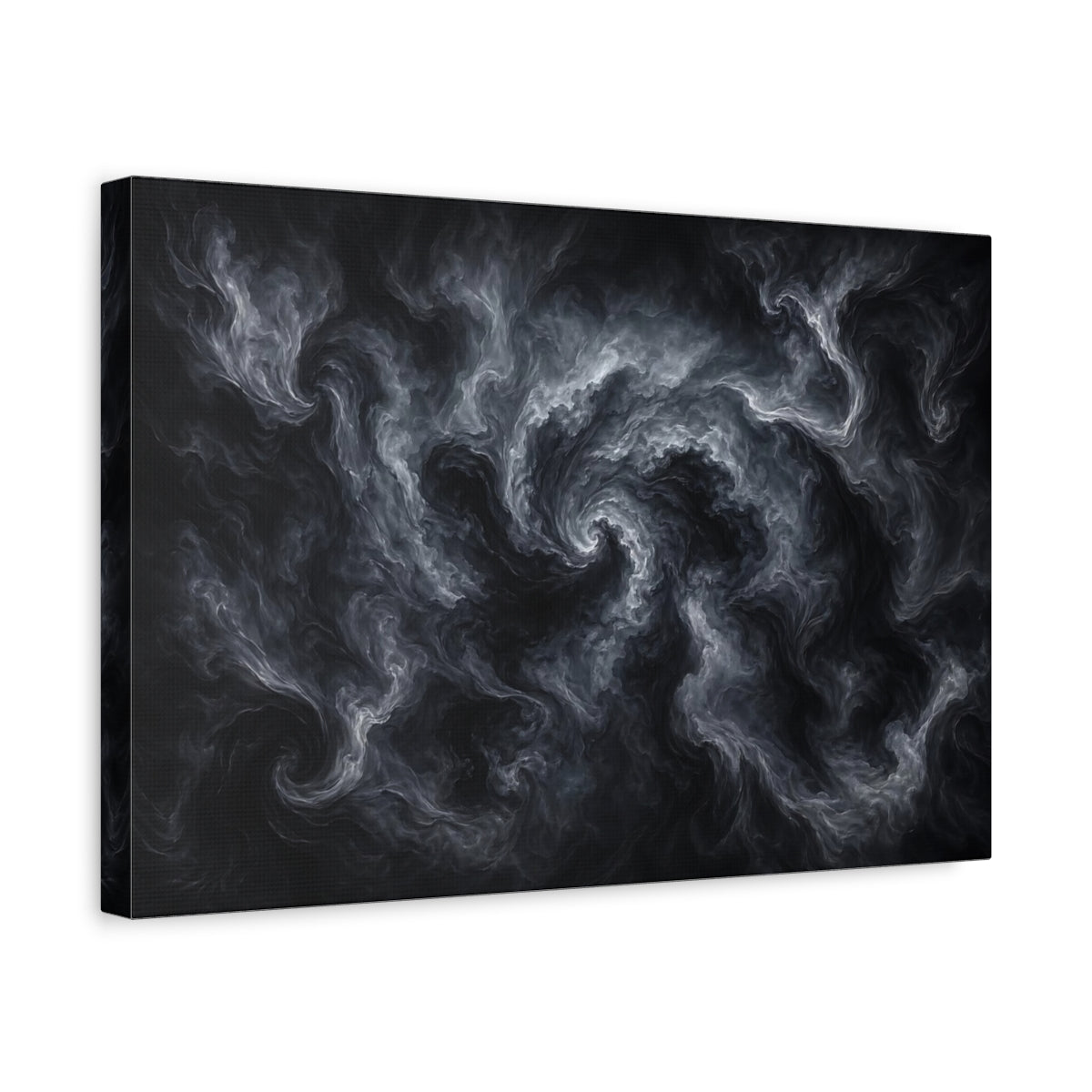 Side Mockup 4. Abstract Swirling Smoke Dark Grey Abstract shown as stretched canvas wall art