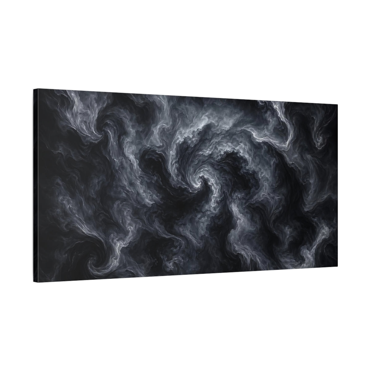 Main Mockup. Abstract Swirling Smoke Gray And Black shown as stretched canvas wall art