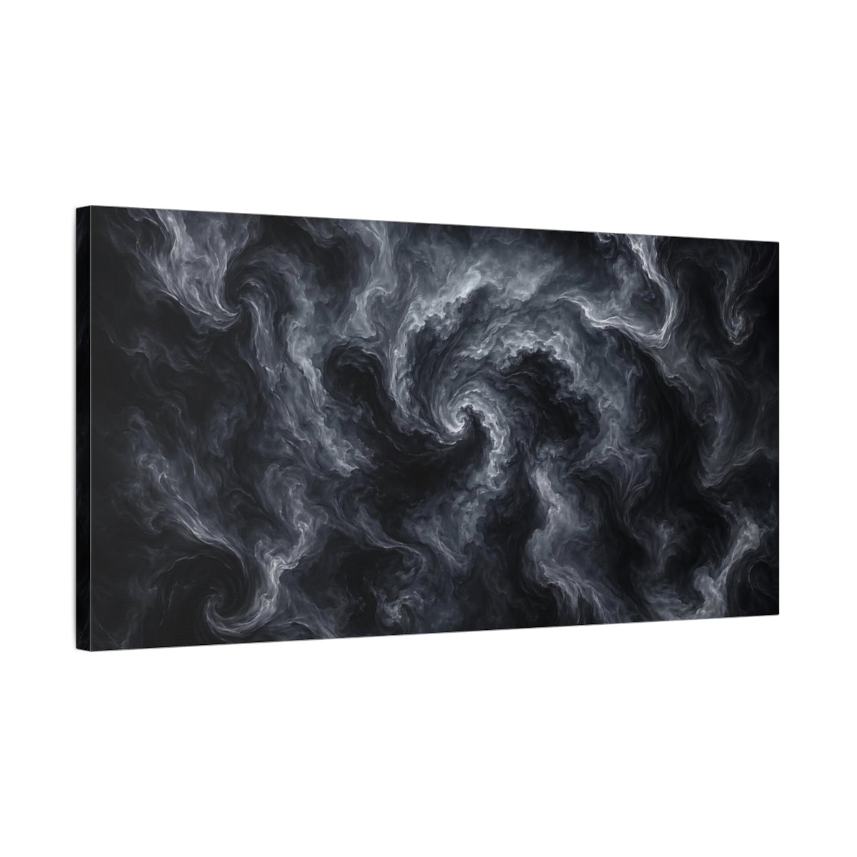 Side Mockup 1. Abstract Swirling Smoke Gray And Black shown as stretched canvas wall art