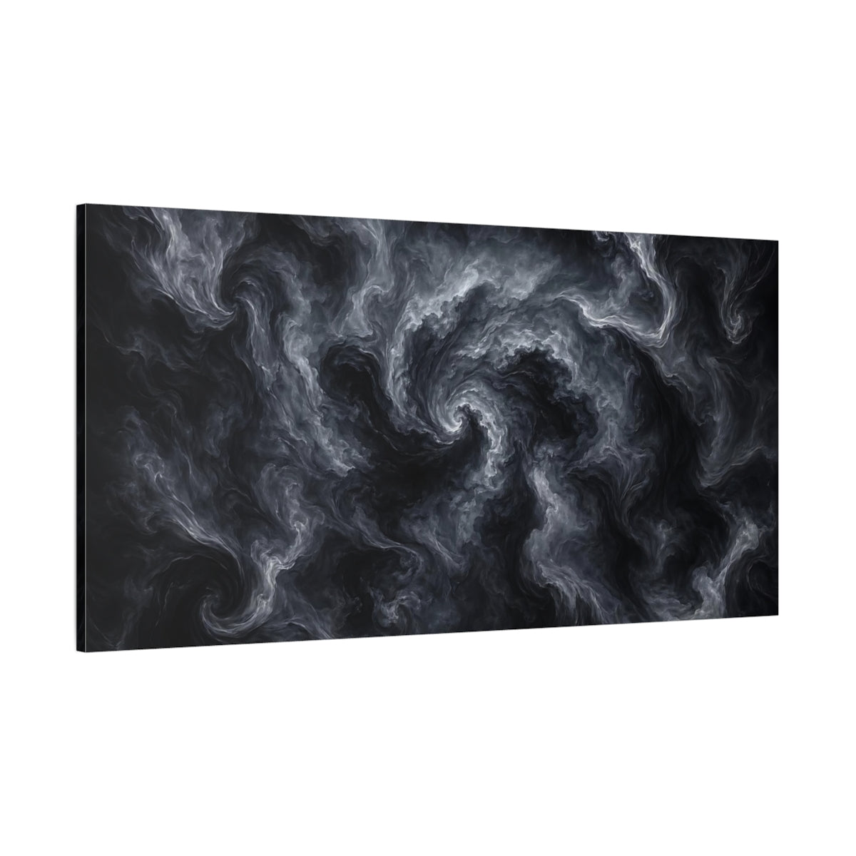 Side Mockup 2. Abstract Swirling Smoke Gray And Black shown as stretched canvas wall art