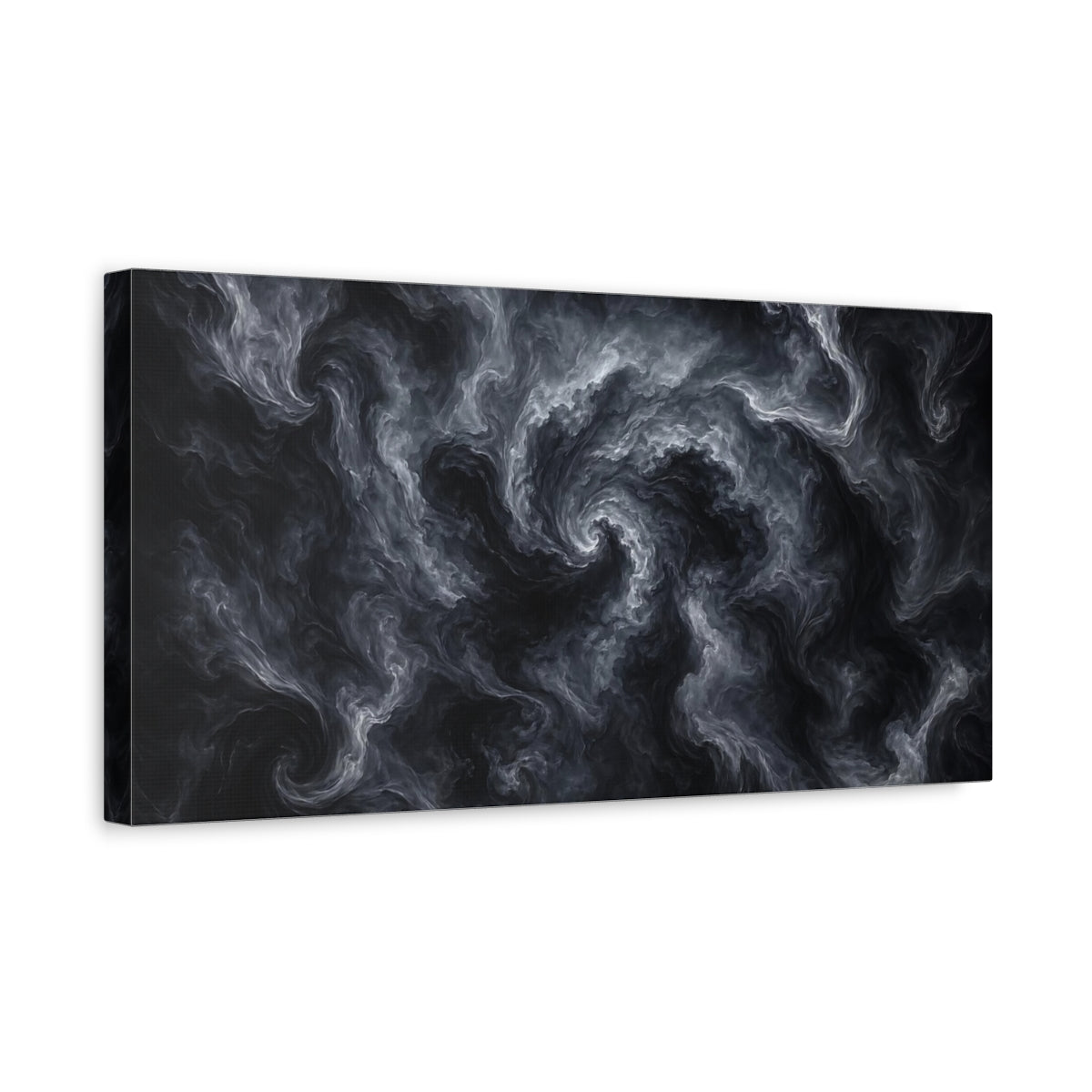 Side Mockup 3. Abstract Swirling Smoke Gray And Black shown as stretched canvas wall art