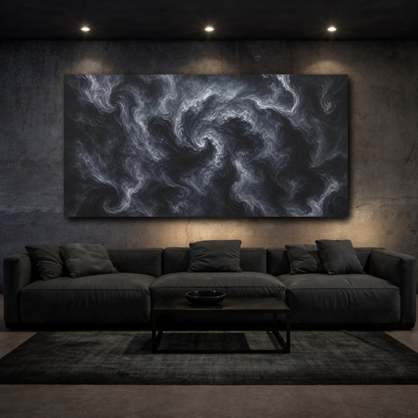 Mockup 2. Abstract Swirling Smoke Gray And Black shown as stretched canvas wall art