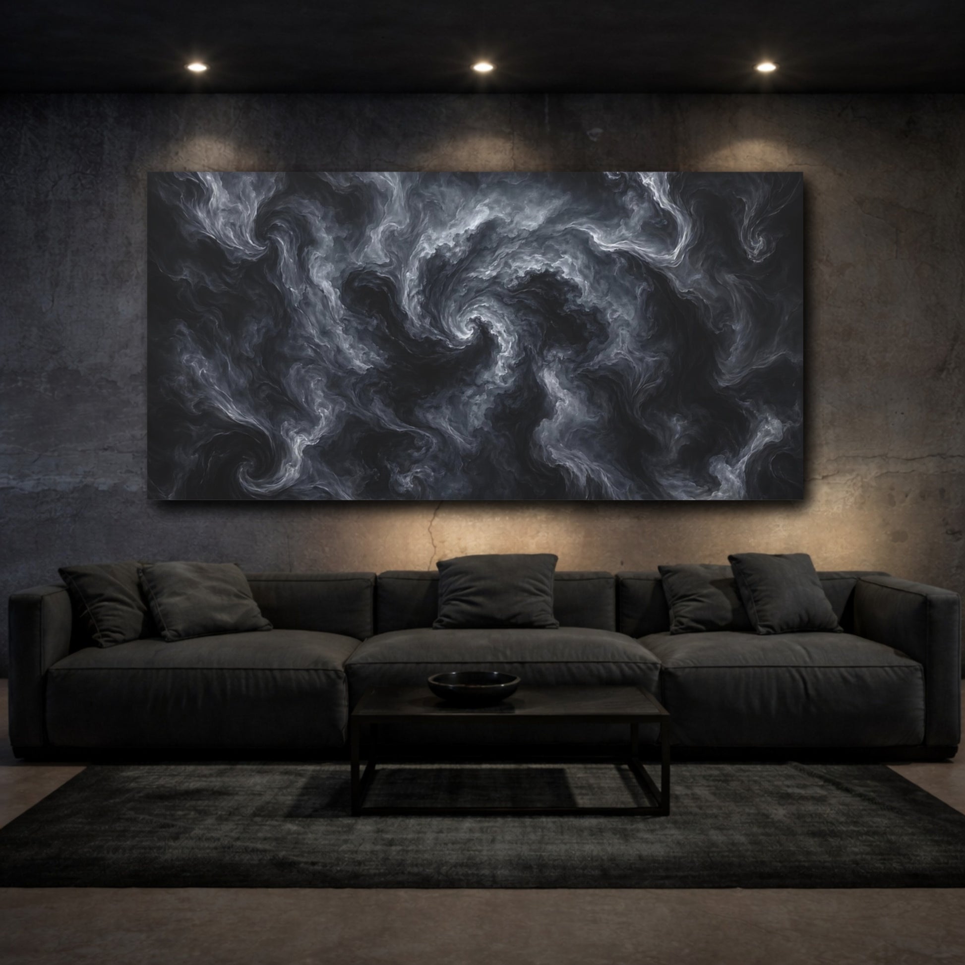 Mockup 2. Abstract Swirling Smoke Gray And Black shown as stretched canvas wall art