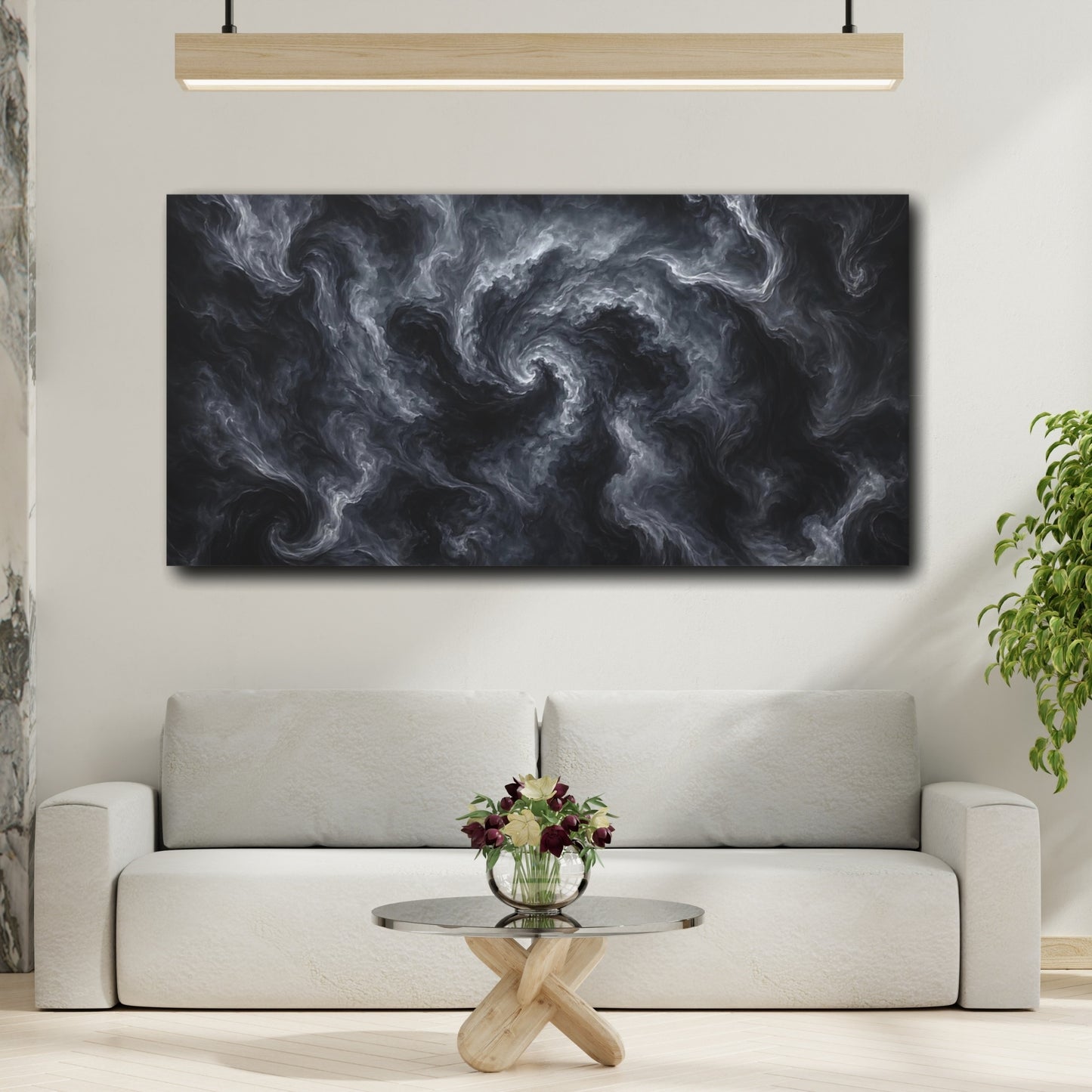 Mockup 3. Abstract Swirling Smoke Gray And Black shown as stretched canvas wall art