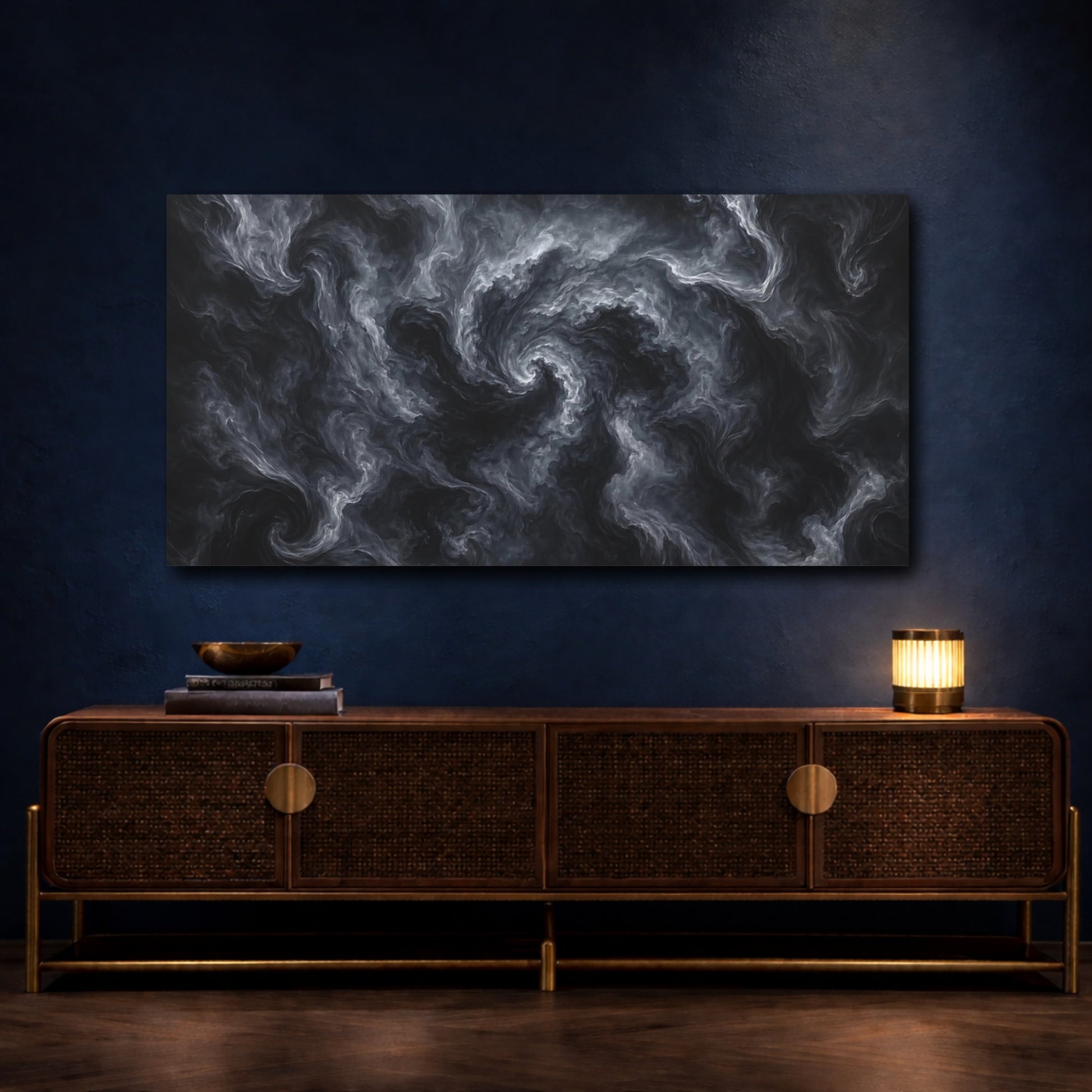 Mockup 4. Abstract Swirling Smoke Gray And Black shown as stretched canvas wall art