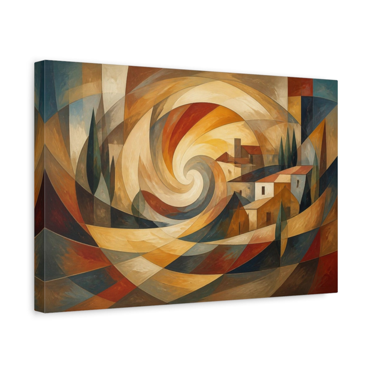 Side Mockup 4. Abstract Swirling Village shown as canvas print