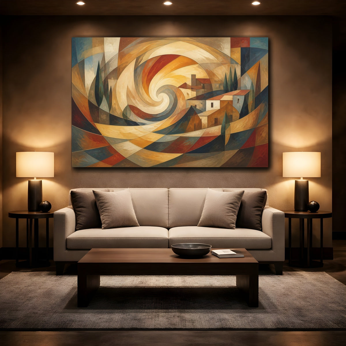 Mockup 2. Abstract Swirling Village shown as canvas print