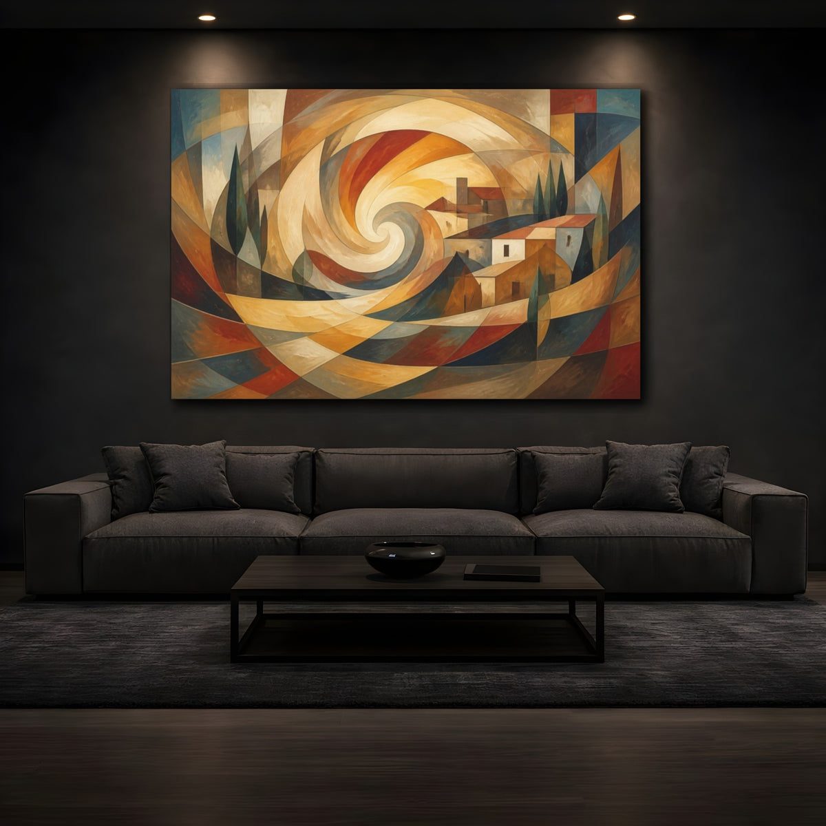 Mockup 3. Abstract Swirling Village shown as canvas print