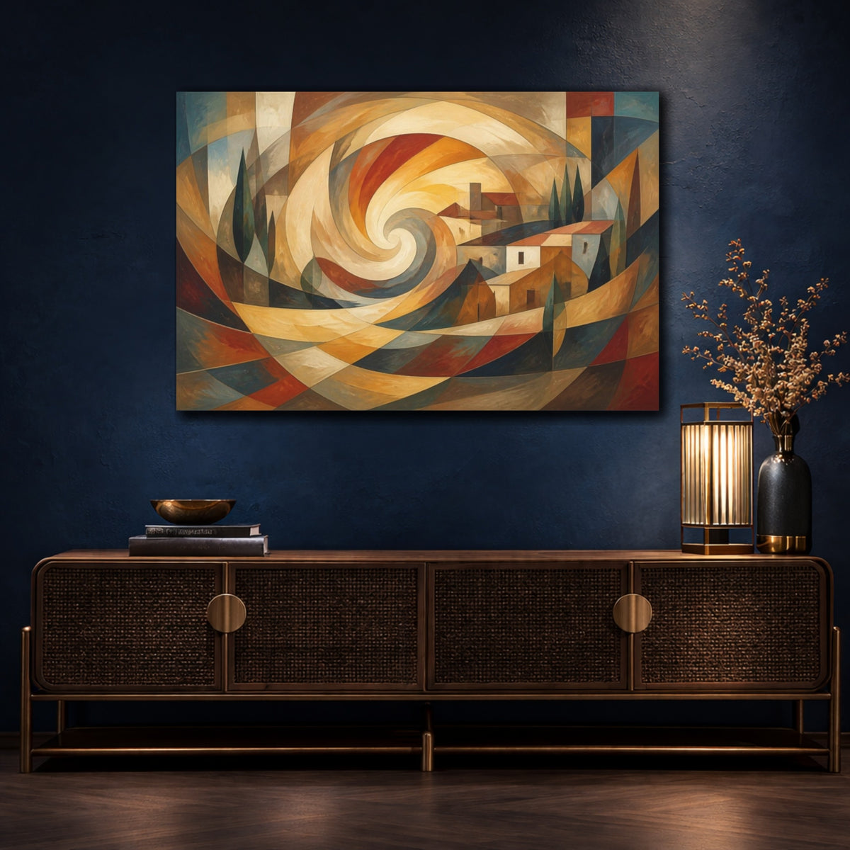 Mockup 4. Abstract Swirling Village shown as canvas print