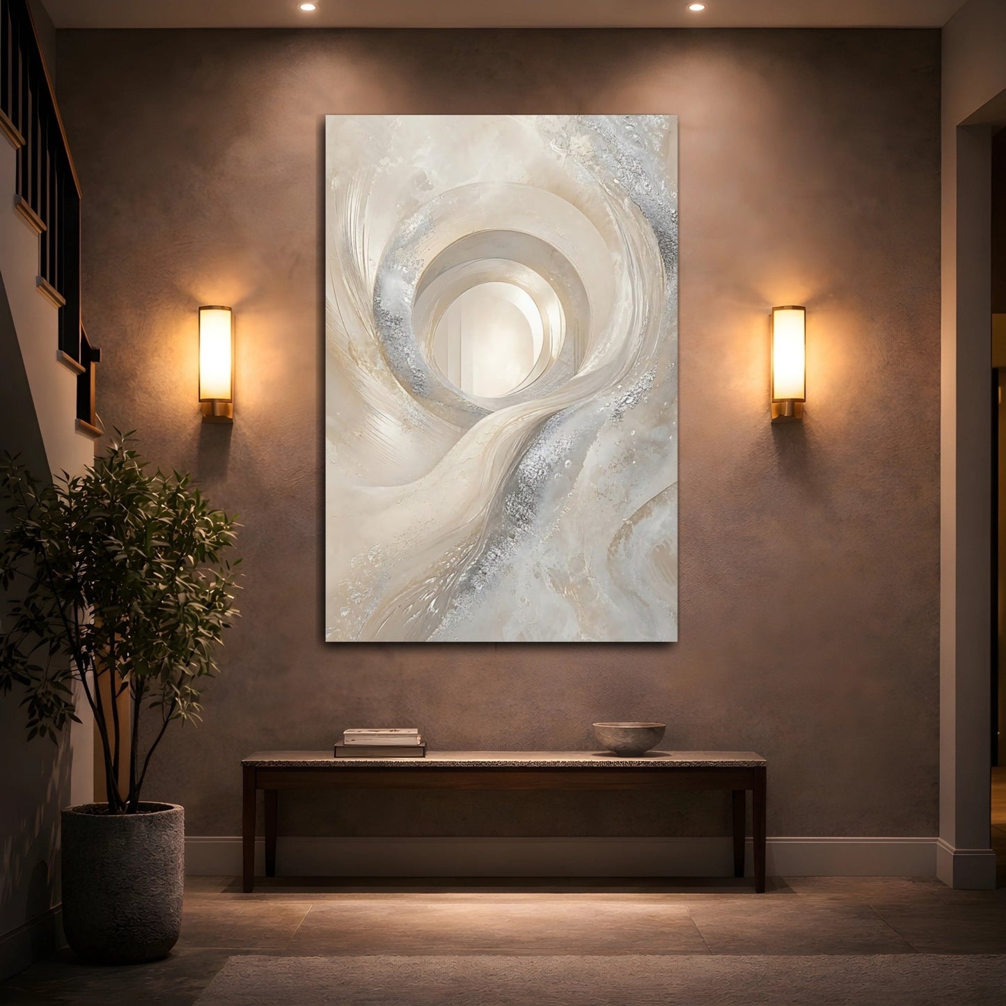 Abstract Swirling Vortex Cream And Silver Canvas Print – Living Room, Above Couch - YesArtYes