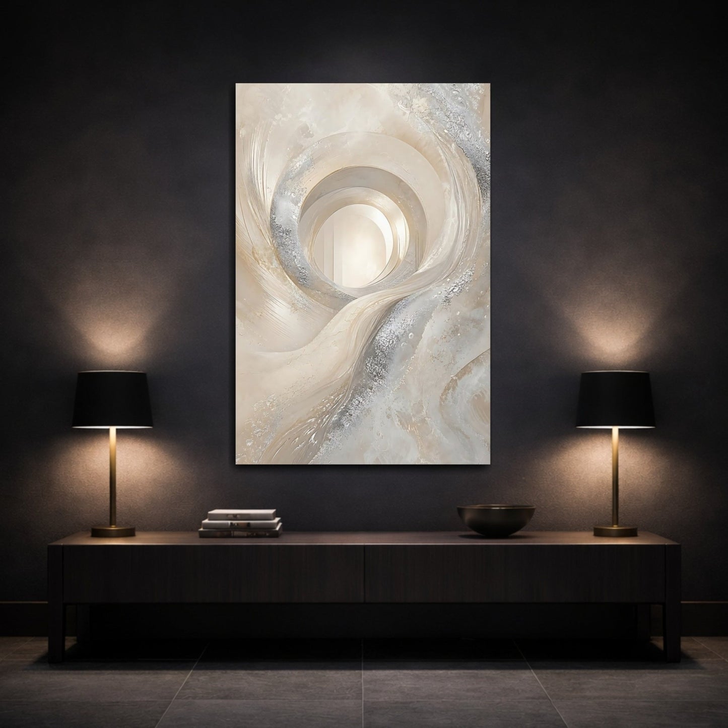 Abstract Swirling Vortex Cream And Silver Canvas Print – Living Room, Above Couch - YesArtYes