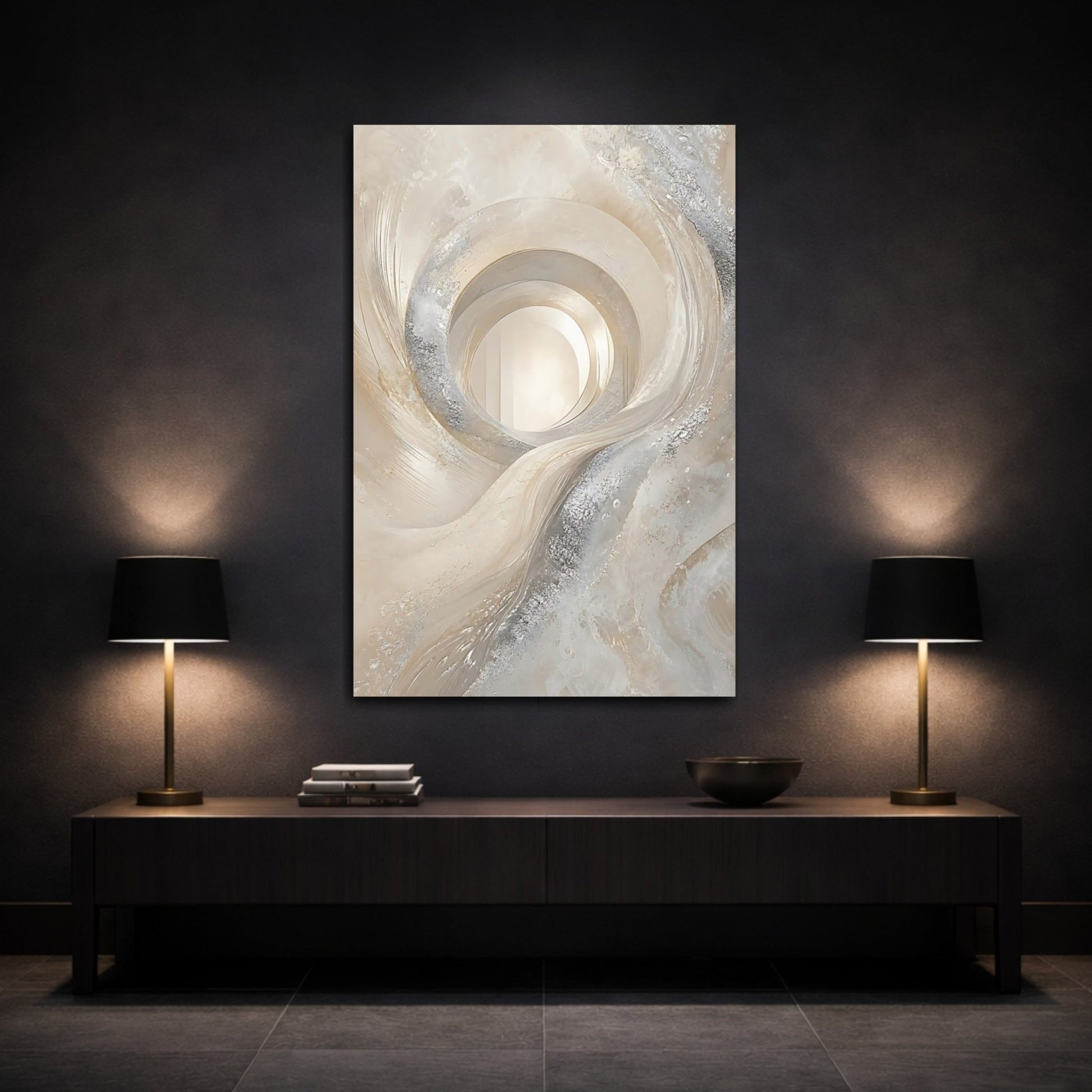 Abstract Swirling Vortex Cream And Silver Canvas Print – Living Room, Above Couch - YesArtYes