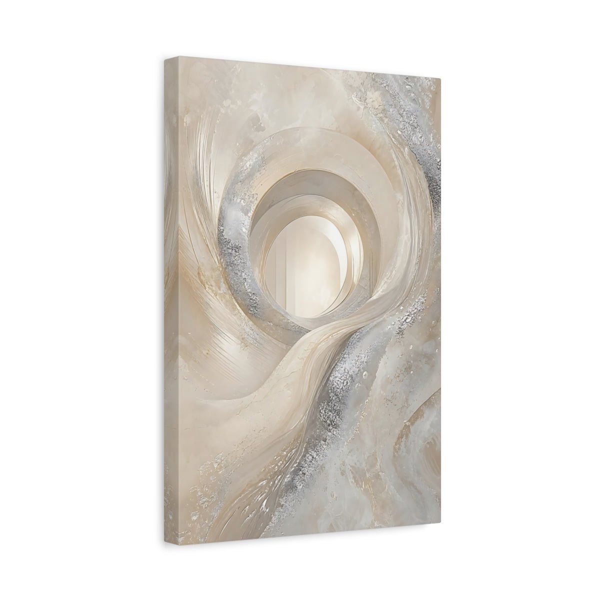 Abstract Swirling Vortex Cream And Silver Canvas Print – Living Room, Above Couch - YesArtYes