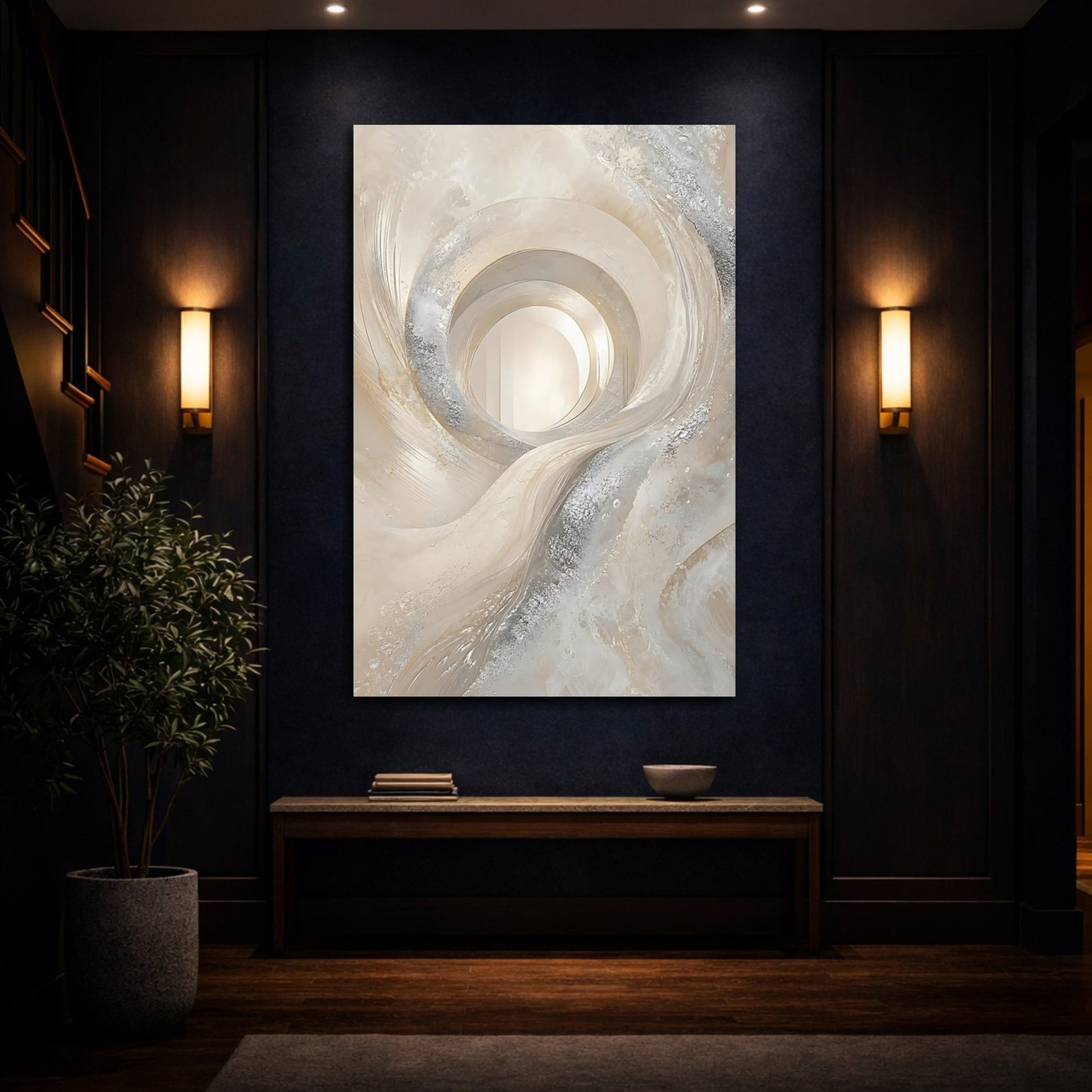Abstract Swirling Vortex Cream And Silver Canvas Print – Living Room, Above Couch - YesArtYes