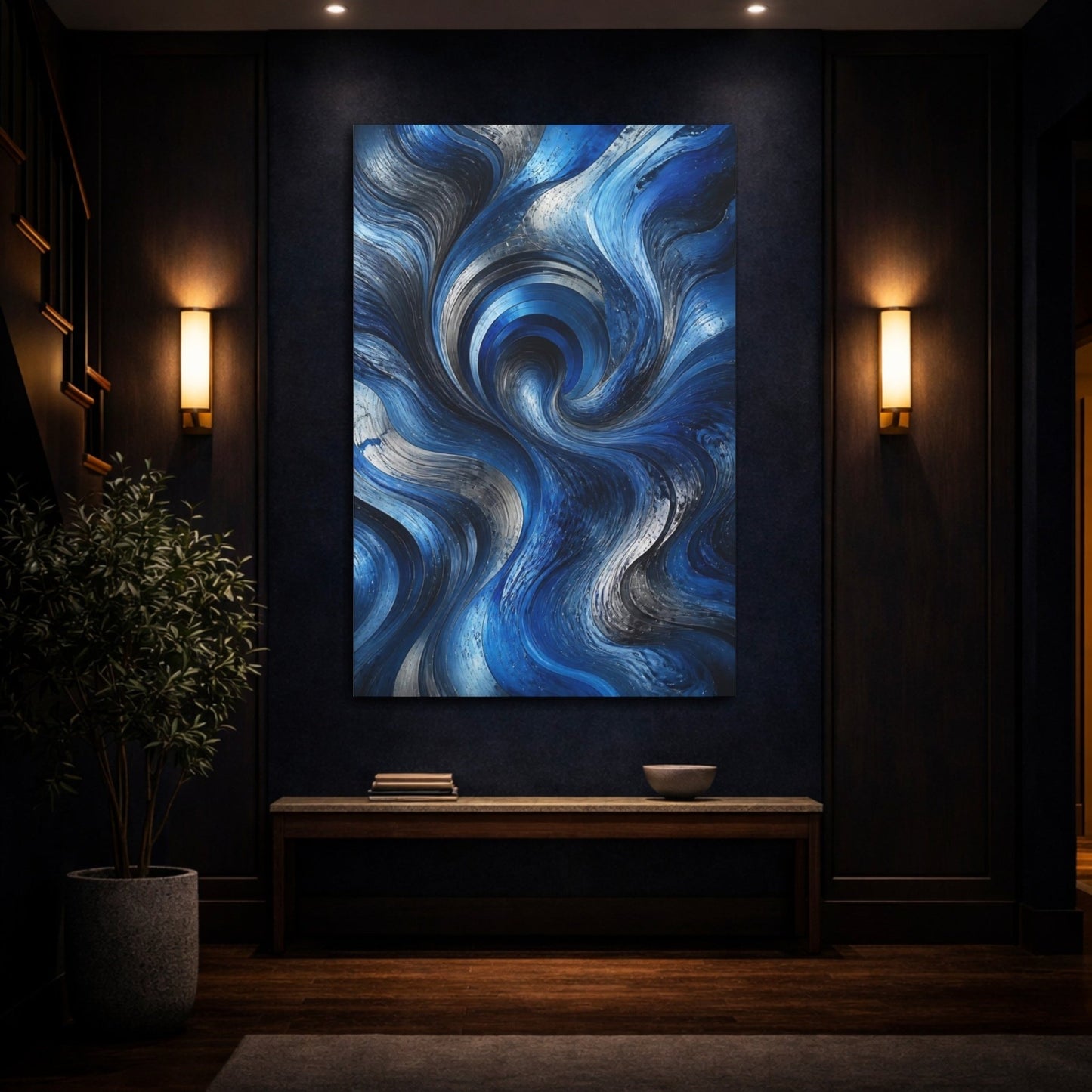 Abstract Swirling Waves Blue And Silver Canvas Wall Art Print – Living Room Decor, Above Sofa - YesArtYes
