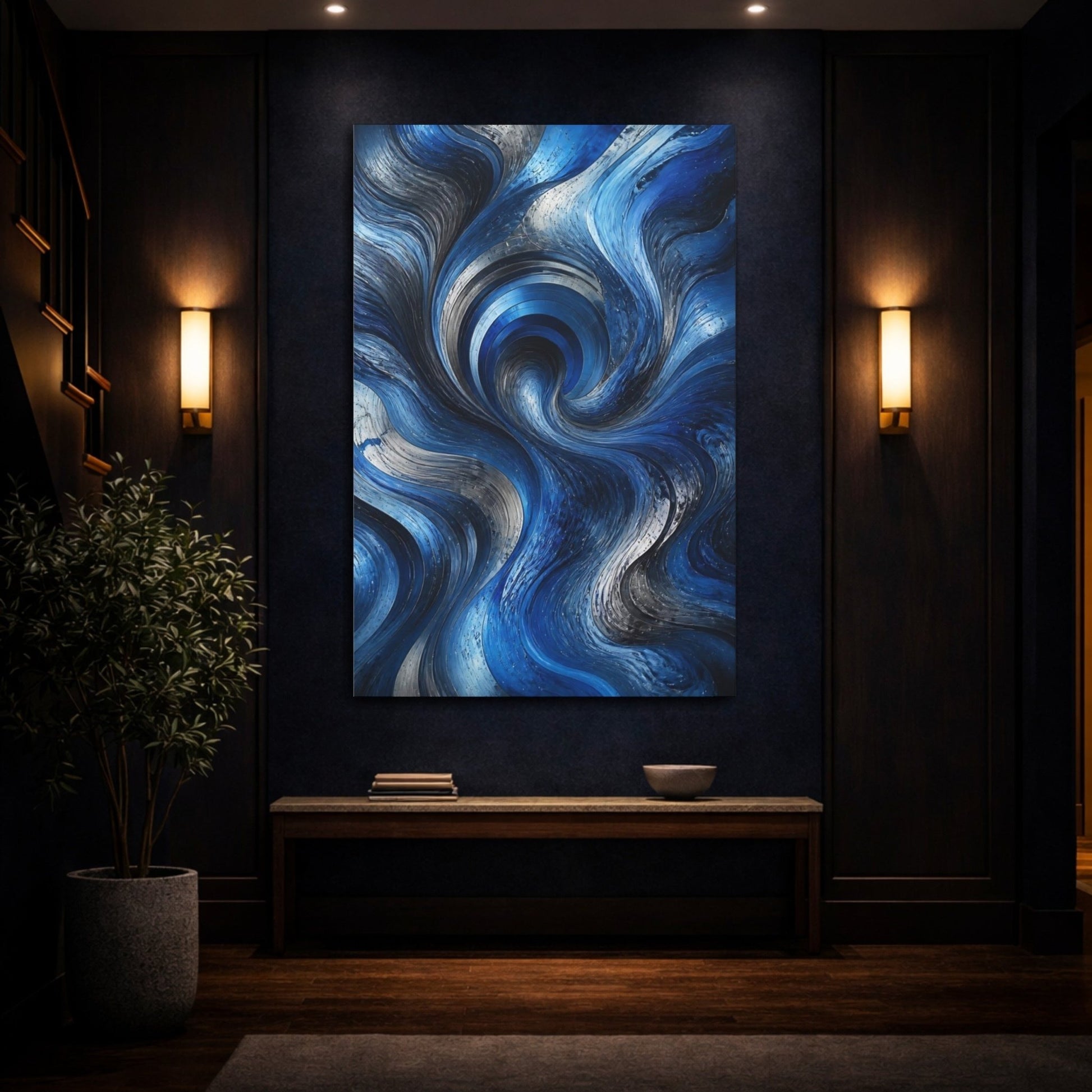 Abstract Swirling Waves Blue And Silver Canvas Wall Art Print – Living Room Decor, Above Sofa - YesArtYes