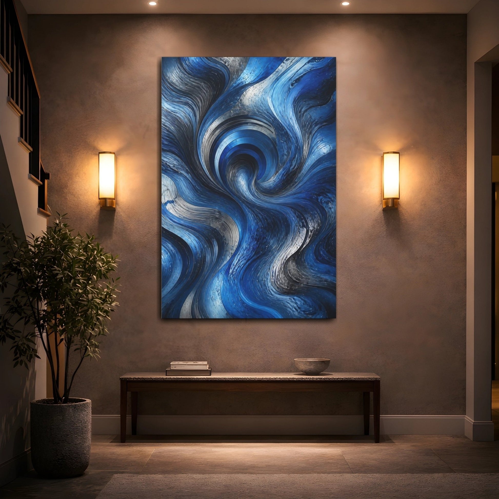 Abstract Swirling Waves Blue And Silver Canvas Wall Art Print – Living Room Decor, Above Sofa - YesArtYes