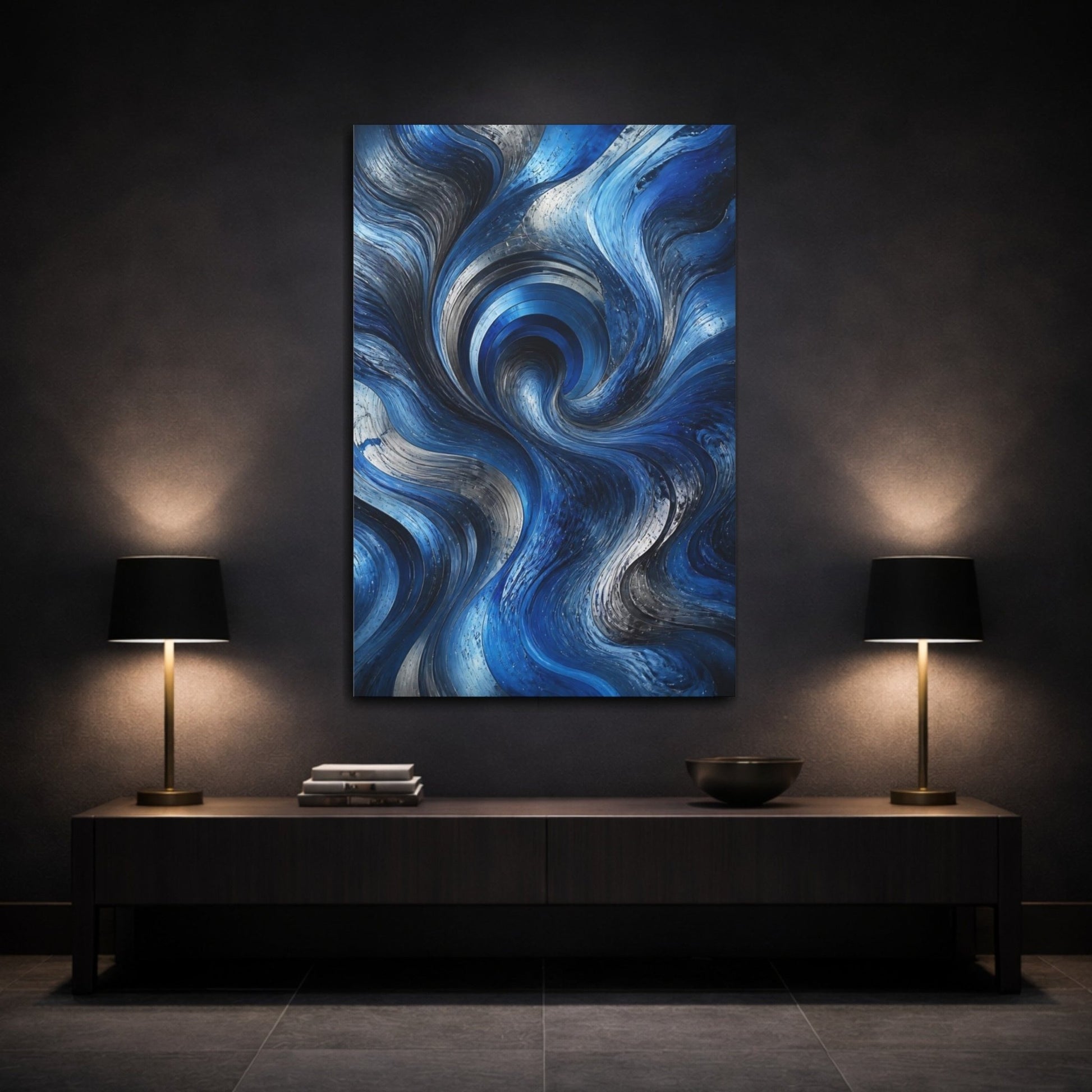 Abstract Swirling Waves Blue And Silver Canvas Wall Art Print – Living Room Decor, Above Sofa - YesArtYes